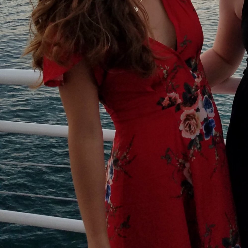 Red floral wrap dress